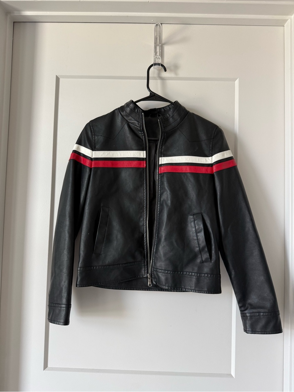 Windsor Black Faux Leather Jacket with Red & White Racing Stripes